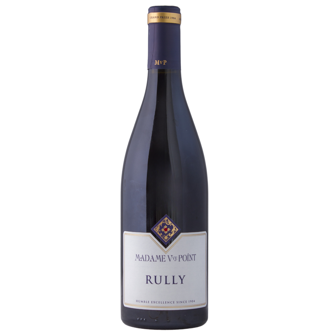 A bottle of Madame Veuve Point Rully Rouge wine, showcasing its elegant label and Burgundy origins.
