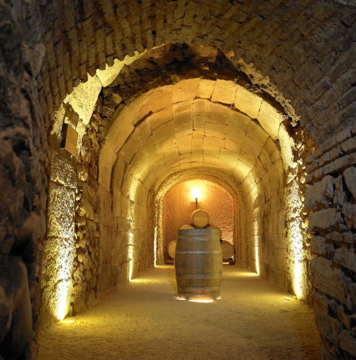 A beautifully lit wine cellar with arched brick ceilings, showcasing wine barrels at Marques winery.