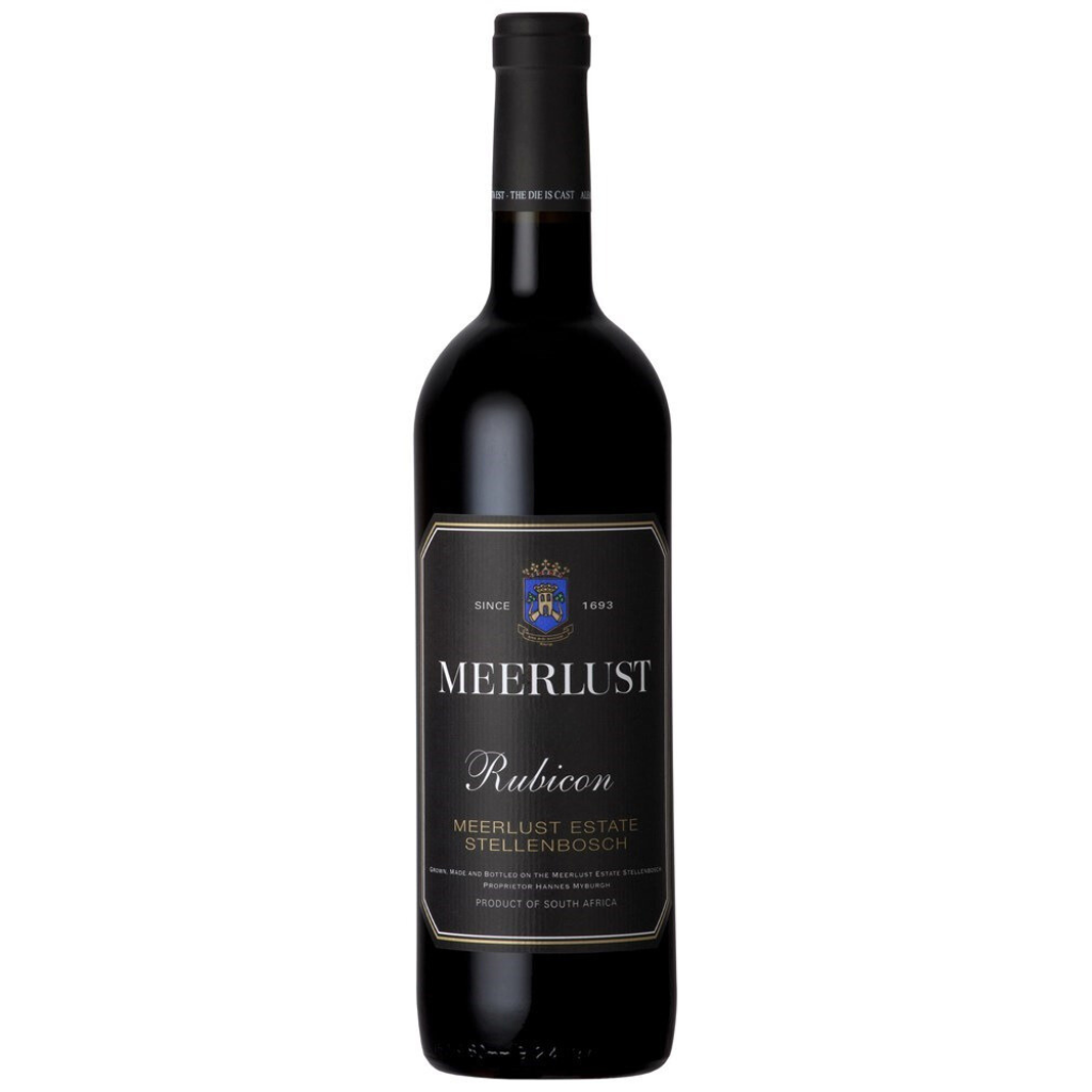 Meerlust Rubicon red wine bottle from Stellenbosch, South Africa, showcasing a Bordeaux-style blend with rich flavors and exceptional aging potential