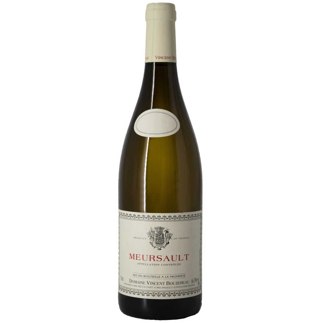 Bottle of Domaine Vincent Bouzereau Meursault wine against a white background.