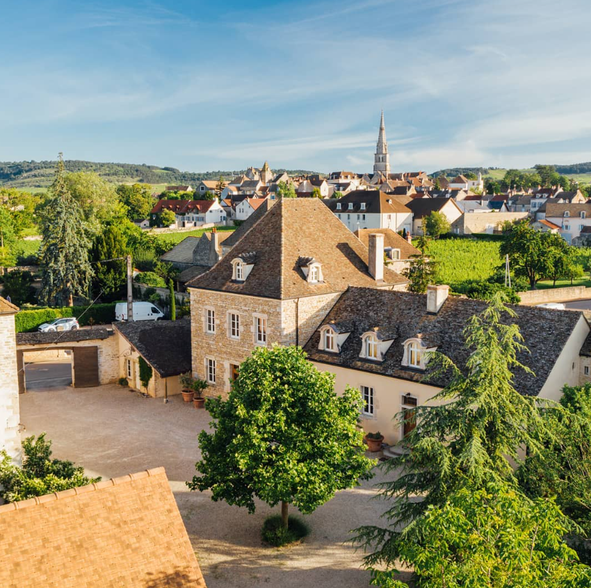 View of the picturesque village of Meursault with vineyards and the estate of Domaine Vincent Bouzereau.