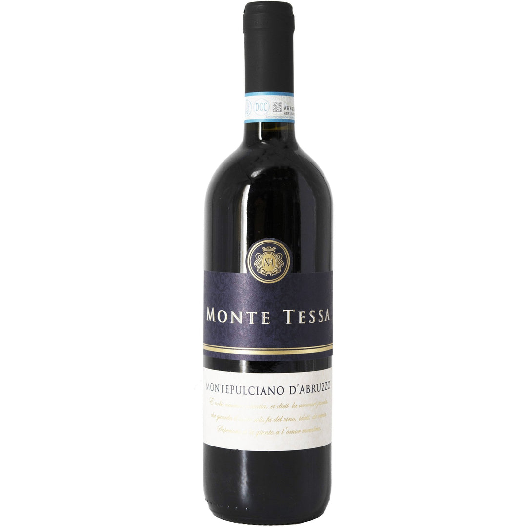 Monte Tessa Montepulciano d'Abruzzo wine bottle, an Italian red wine known for its rich flavors of dark berries, oak, and tobacco, crafted by the Fabrini family.