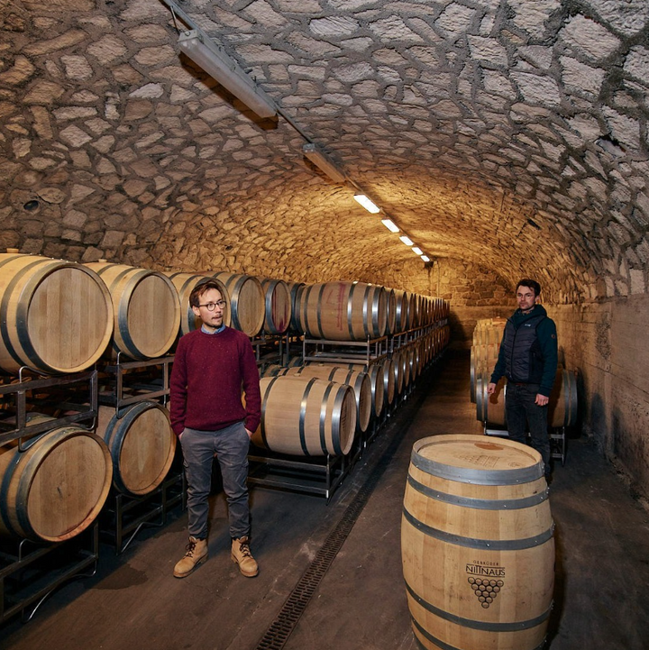 Traditional wine cellar at Gebrüder Nittnaus featuring aging wine barrels, highlighting the authentic winemaking process in Austria.