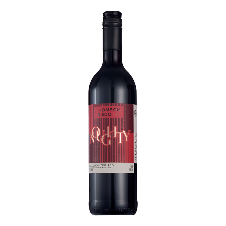 A bottle of Noughty red wine by Thomson & Scott, a premium alcohol-free red wine option.
