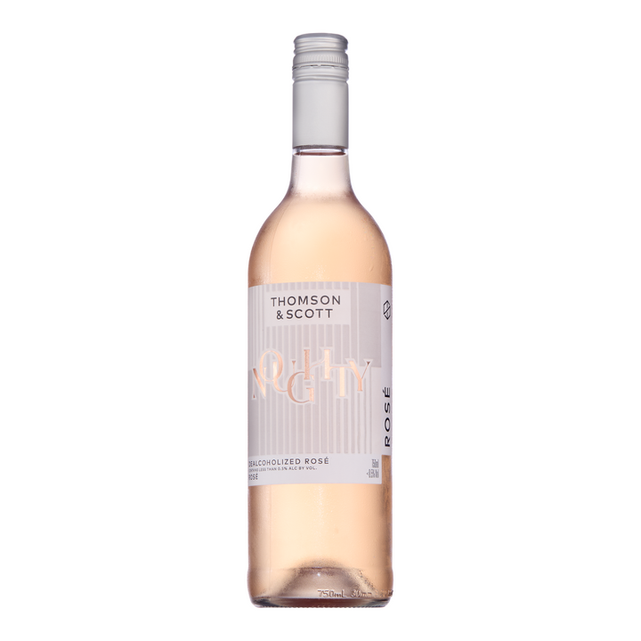 A bottle of Noughty rosé wine by Thomson & Scott, featuring a light and refreshing alcohol-free rosé.