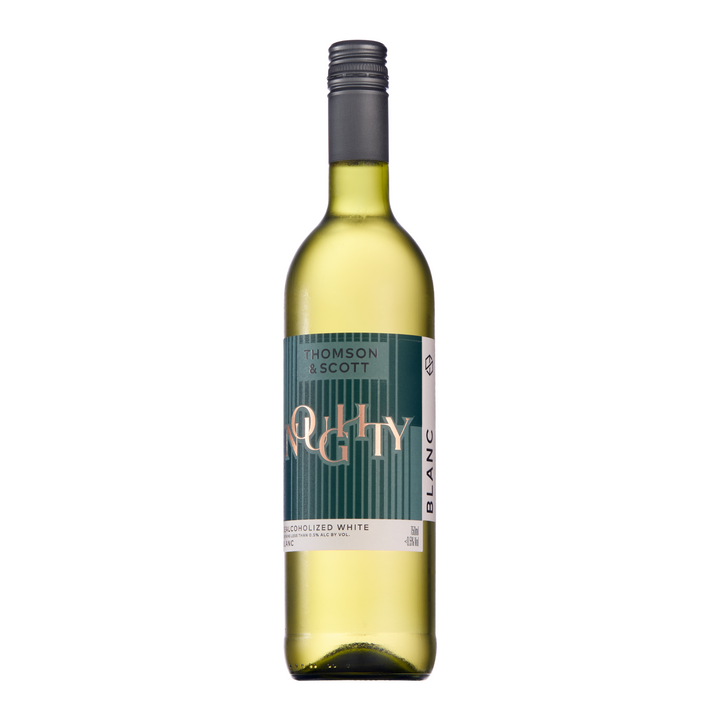 A bottle of Noughty white wine by Thomson & Scott, offering a crisp and alcohol-free white wine experience.