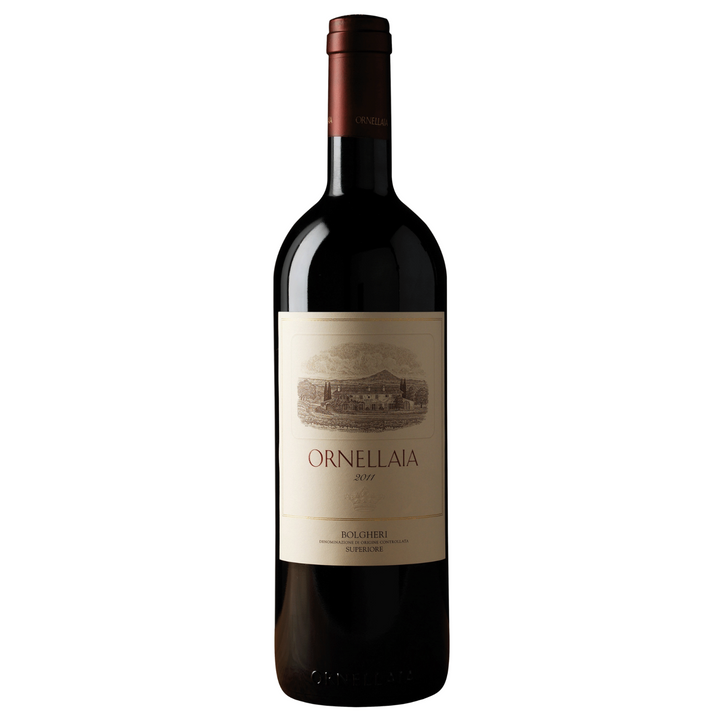 A bottle of Ornellaia 2011 Bolgheri Superiore, a renowned Italian red wine from Tuscany, featuring a classic label and deep red hues.