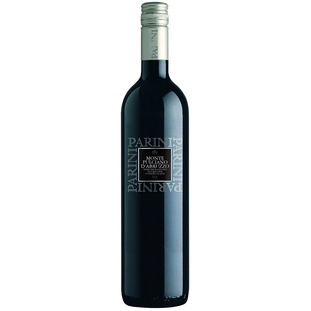 Parini Montepulciano d'Abruzzo bottle showcasing a sleek label design with silver accents, a classic Italian red wine.