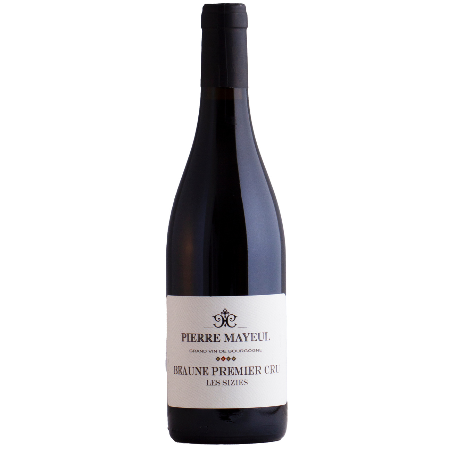 Bottle of Pierre Mayeul Beaune Les Sizies Premier Cru red Burgundy wine.