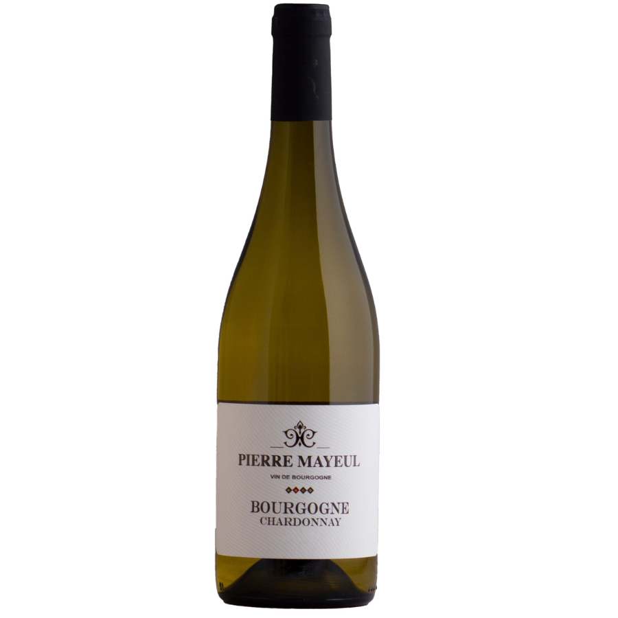 Bottle of Pierre Mayeul Bourgogne Chardonnay with a white label and a golden wine hue. Perfect example of a classic Burgundy white wine.