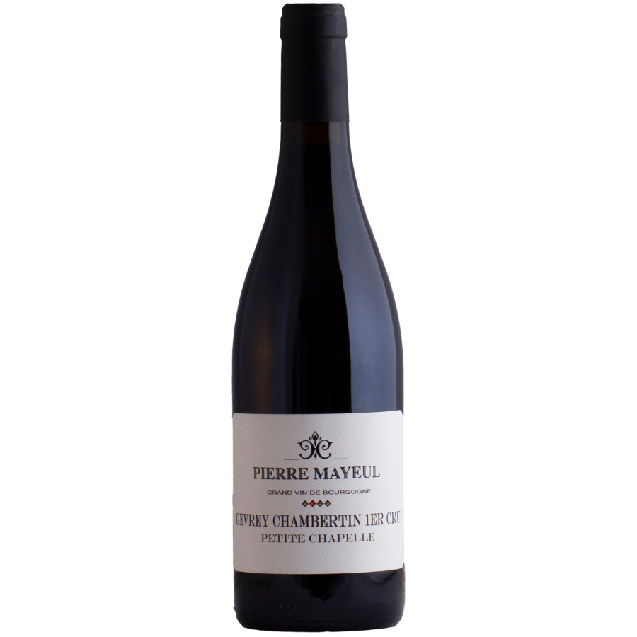 Bottle of Pierre Mayeul Gevrey-Chambertin Petite Chapelle Premier Cru red Burgundy wine.