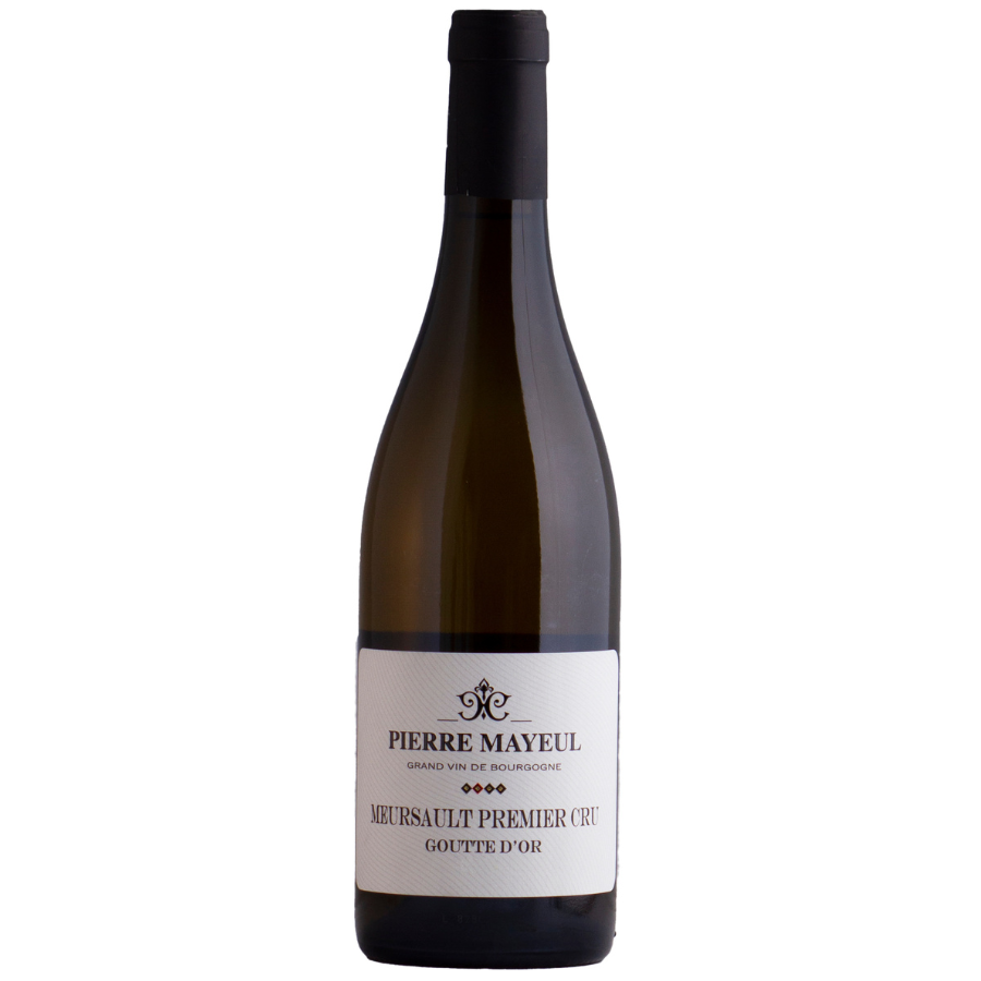 A bottle of Pierre Mayeul Meursault Premier Cru Goutte D'Or wine on white background