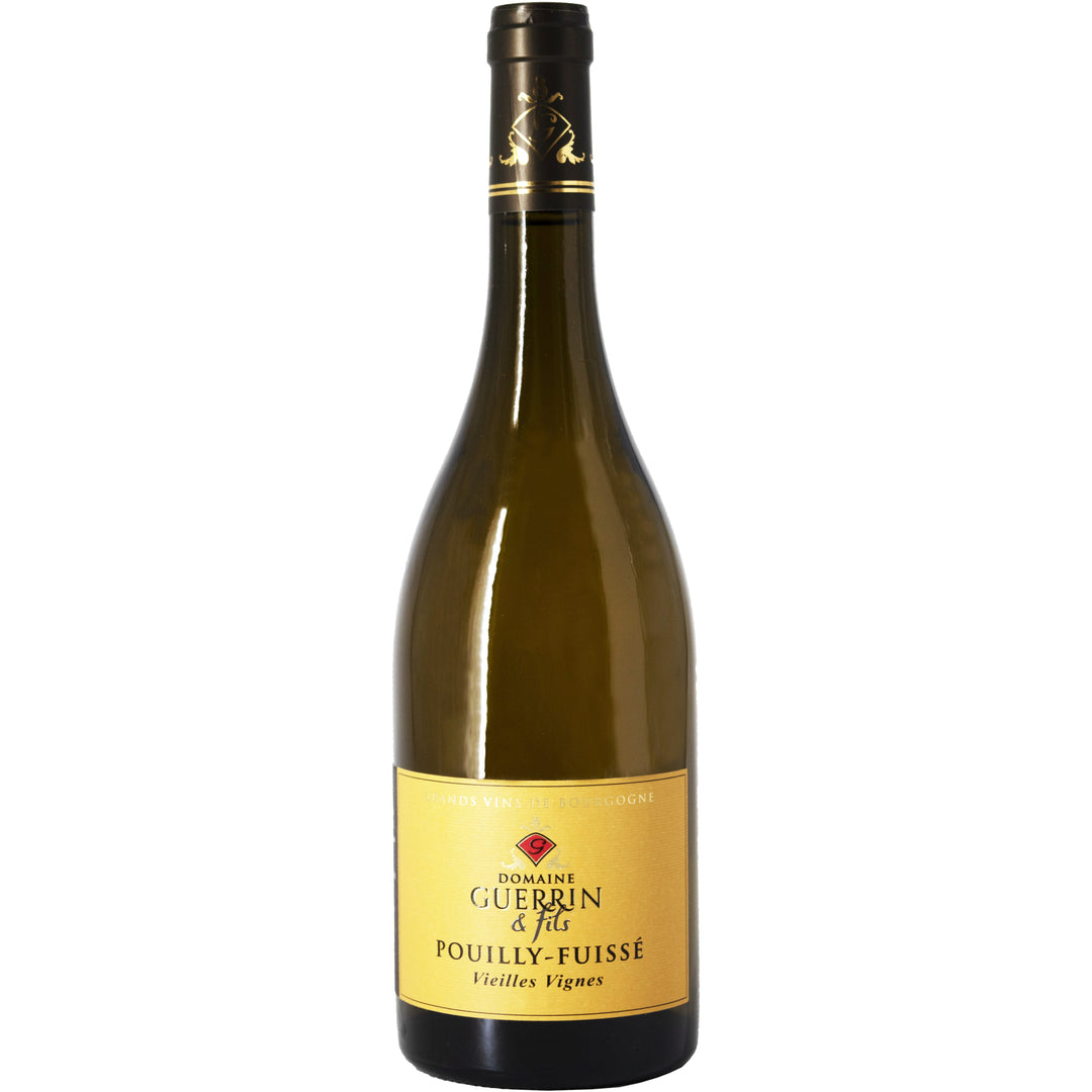 Bottle of Pouilly-Fuissé Vieilles Vignes from Domaine Guerrin, showcasing a classic golden label and Burgundy wine craftsmanship.