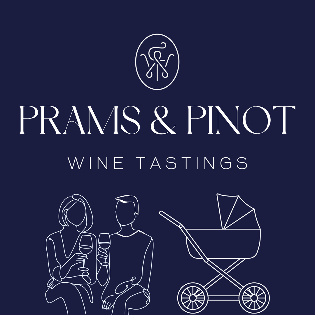 Prams & Pinot Wine Tastings – A relaxed wine tasting event for parents, featuring elegant line art of a couple enjoying wine next to a pram.