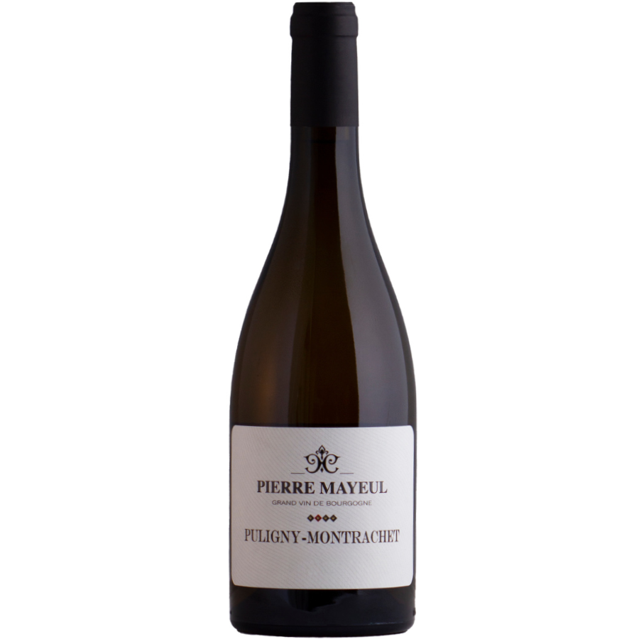 A bottle of Pierre Mayeul Puligny-Montrachet, a premium white wine from Burgundy, showcasing its elegant label and classic design.