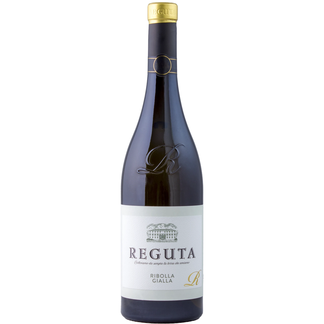 Bottle of Reguta Ribolla Gialla wine, showcasing the elegant label design.