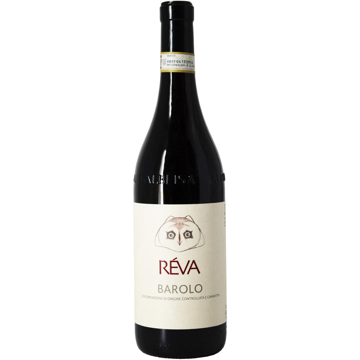 Bottle of Réva Barolo 2015, featuring a clean, minimalist label with an owl illustration, representing a premium Italian red wine.