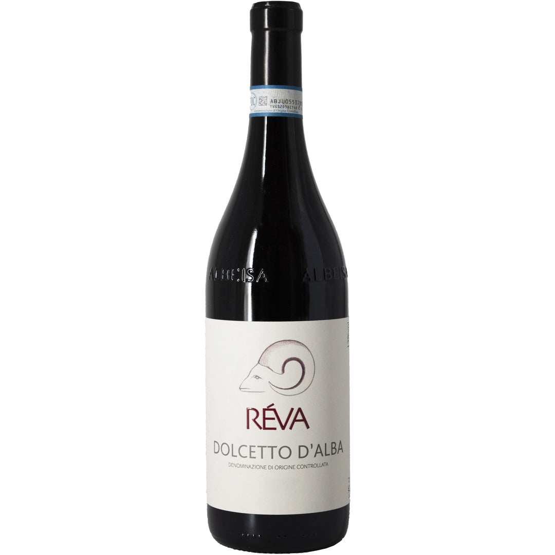 Bottle of Réva Dolcetto d'Alba red wine with a clean label design featuring a ram logo.