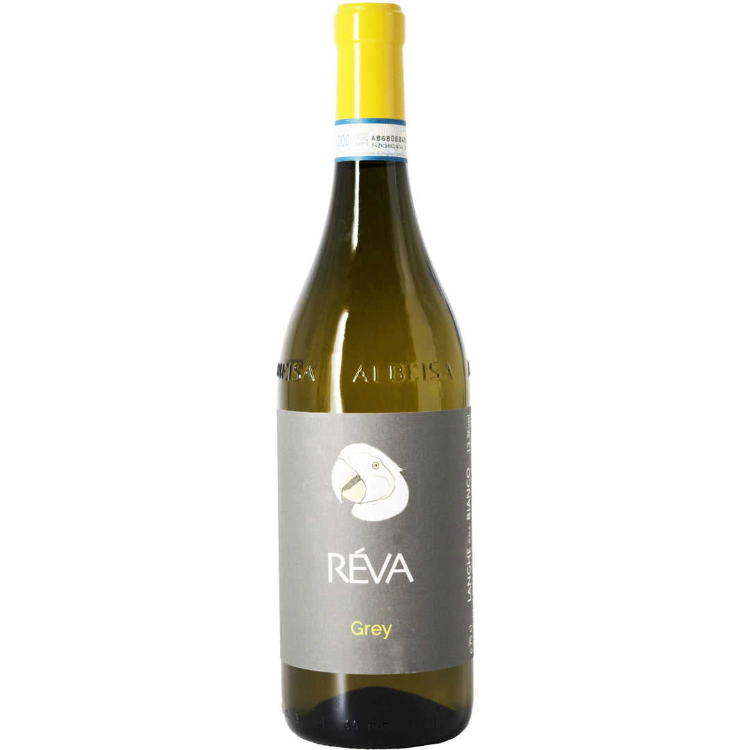 Bottle of Réva Grey wine with a distinctive label.