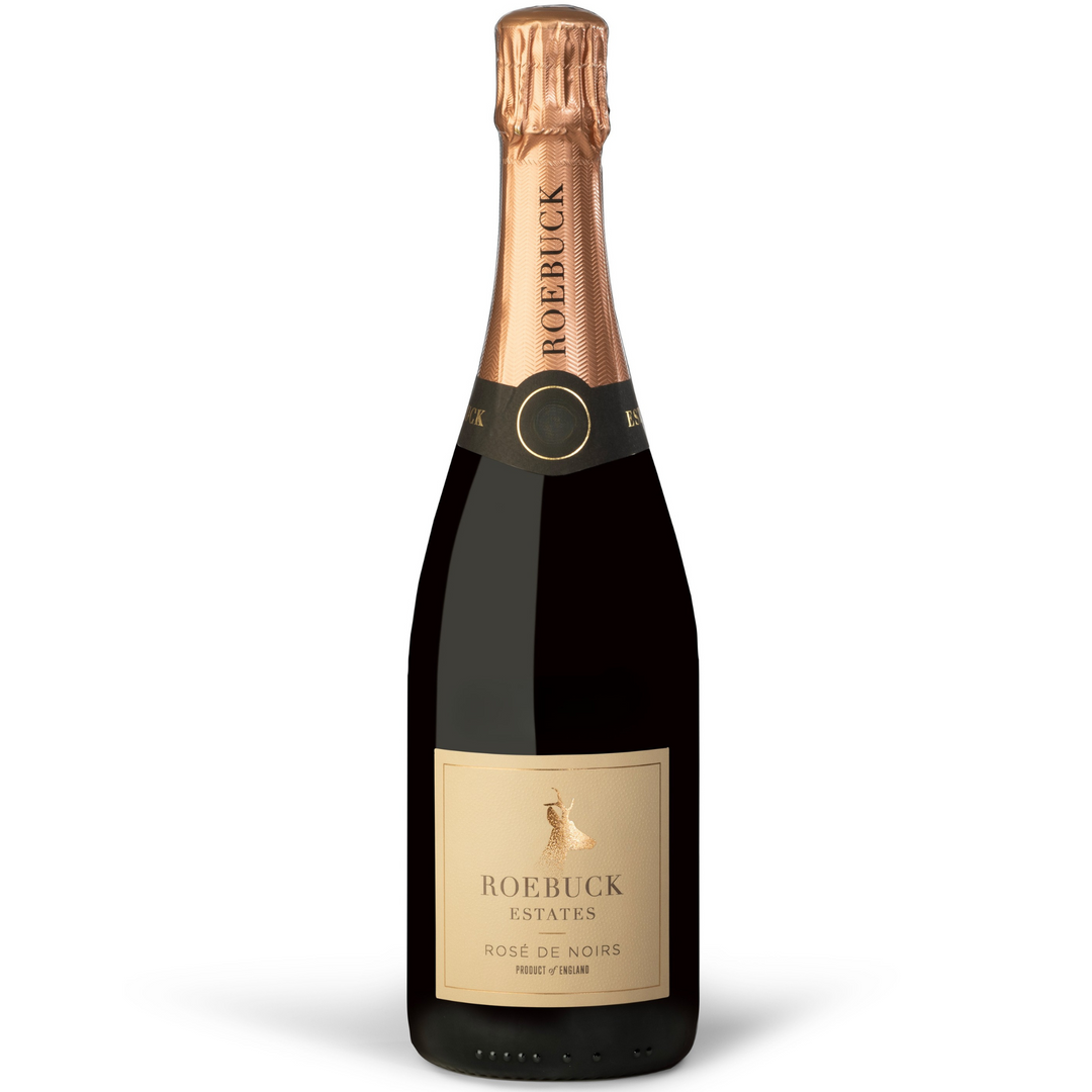 Roebuck Estates Rosé de Noirs 2018 English sparkling wine bottle, featuring an elegant copper foil label and a premium design.