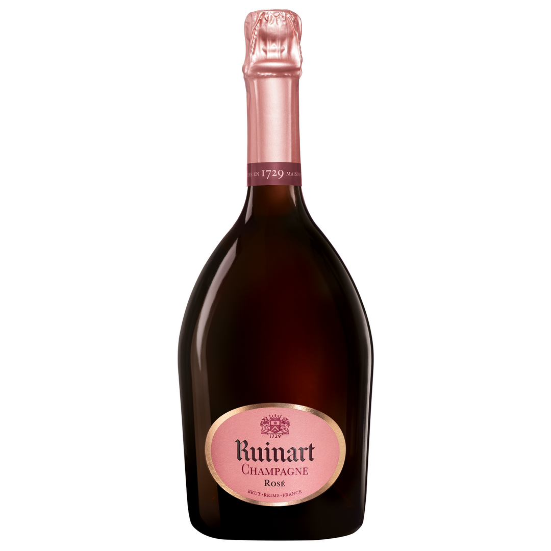 Ruinart Rosé Champagne bottle with its signature curved shape and pink label, showcasing its premium quality.