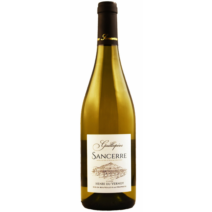 Bottle of Sancerre Guillopées Cuvée Henri du Vernoy 2022 wine with a golden hue and elegant label featuring vineyard artwork, displayed on a white background.