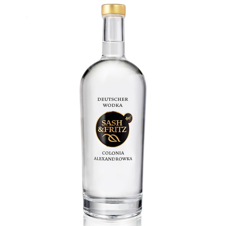 Sash & Fritz German vodka bottle featuring Colonia Alexandrowka branding.