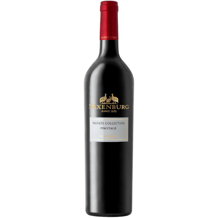 Bottle of Saxenburg Private Collection Pinotage from Stellenbosch, featuring its elegant black label with red accents.