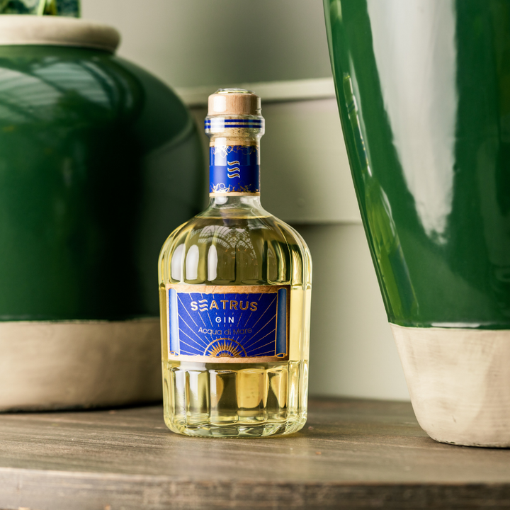 A bottle of Seatrus Gin Acqua di Mare displayed on a rustic wooden surface, framed by large green ceramic vases, creating a fresh and coastal-inspired setting.