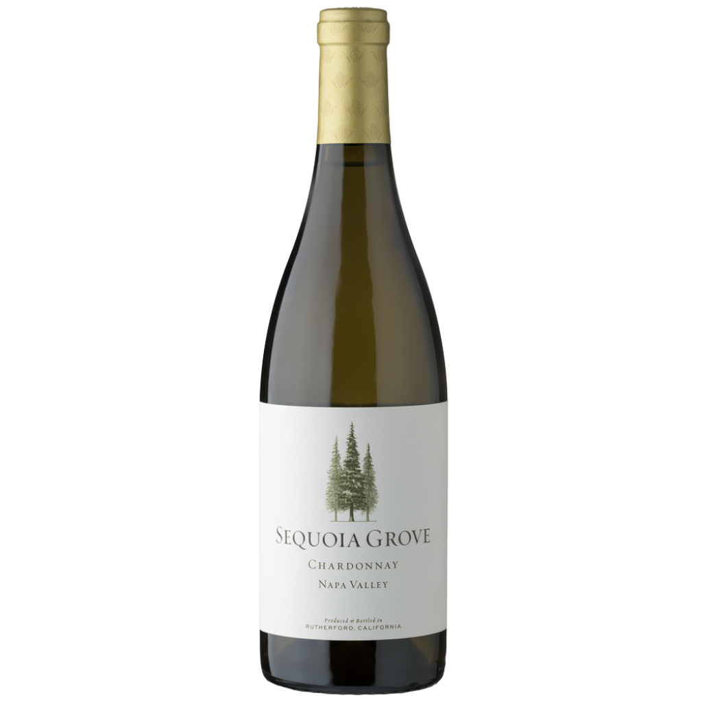 A bottle of Sequoia Grove Chardonnay from Napa Valley, showcasing its minimalist label with iconic sequoia tree imagery.