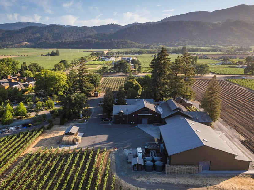 Aerial view of the Sequoia Grove Winery surrounded by vineyards and scenic Napa Valley landscapes.