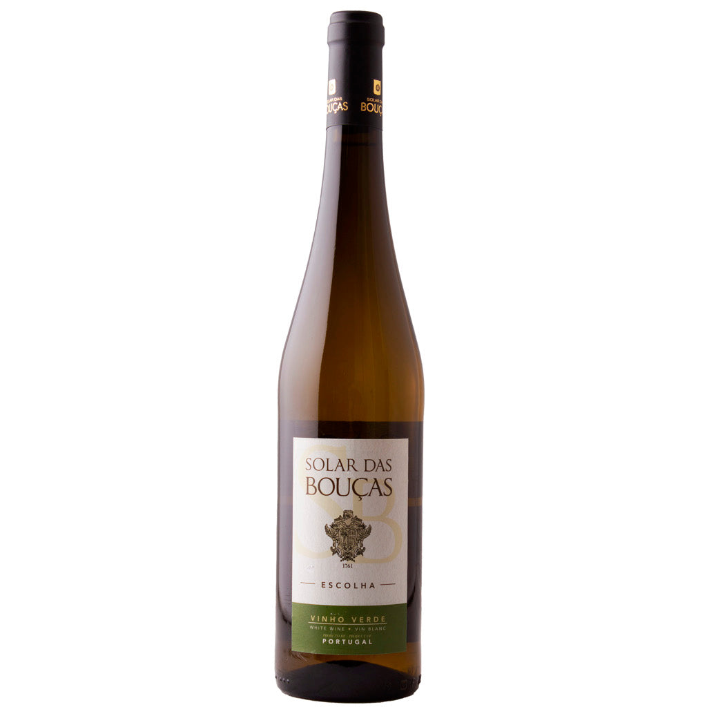 A bottle of Solar das Bouças Vinho Verde white wine standing upright with a clear background.