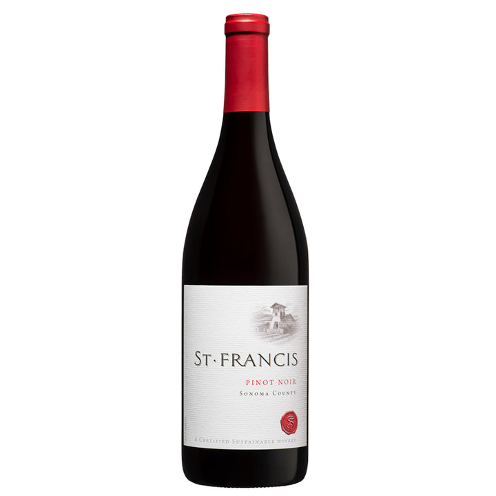 A bottle of St. Francis Pinot Noir, showcasing its sleek red cap and premium label design.