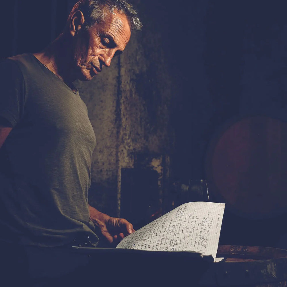 Stéphane Vedeau reviewing winemaking notes in the cellar of Domaine du Mont.