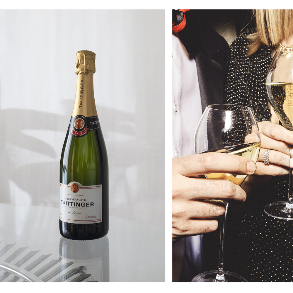 Taittinger Brut Réserve Champagne bottle on a glass table alongside an elegant celebration scene with glasses of champagne.