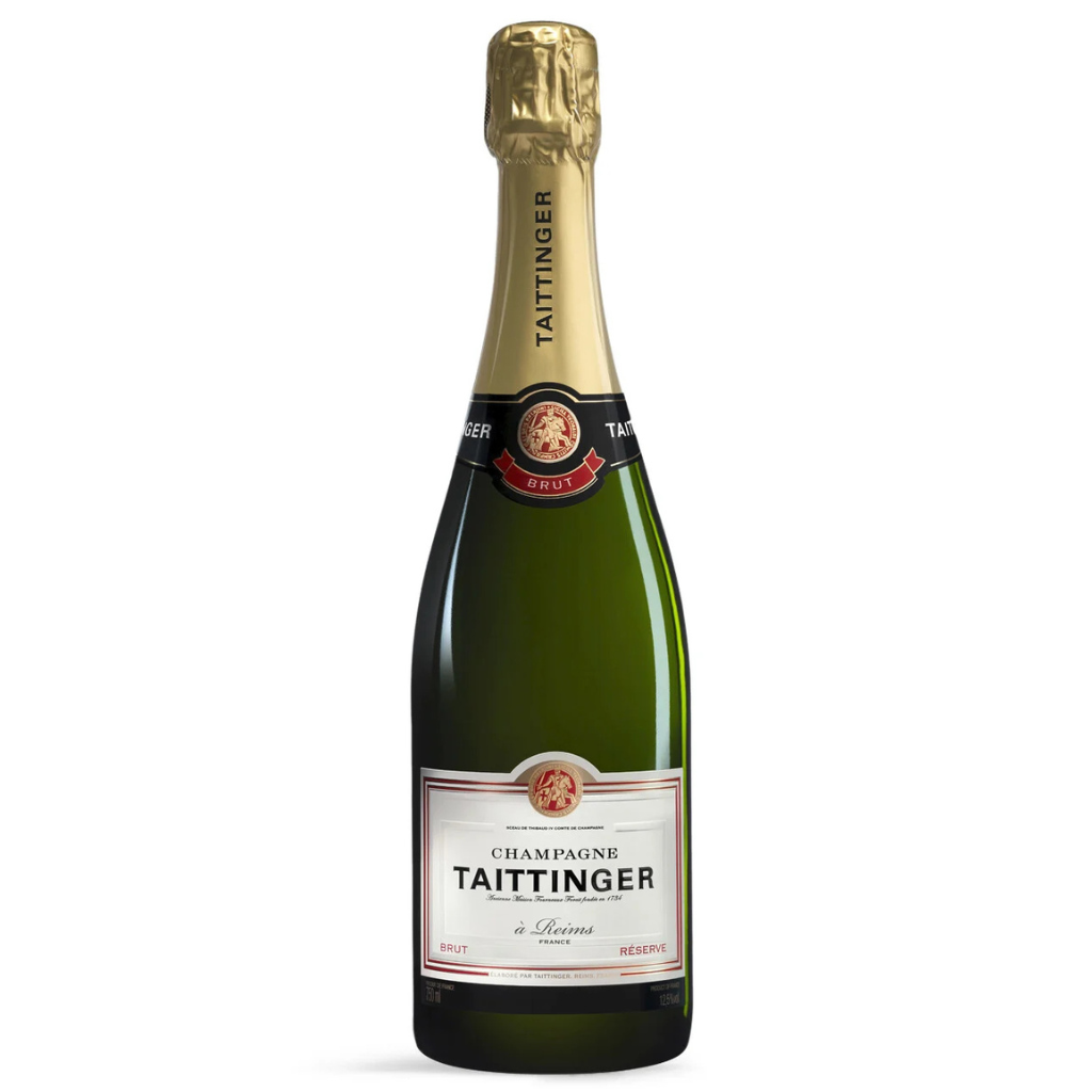 Taittinger Brut Réserve Champagne bottle with a gold foil and classic label, perfect for celebrations and special occasions.