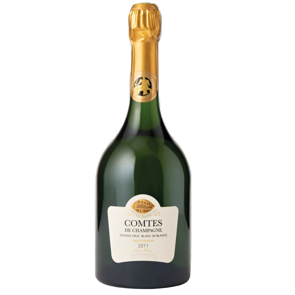 A bottle of Taittinger Comtes de Champagne 2011, a prestigious Blanc de Blancs Champagne made from 100% Grand Cru Chardonnay grapes.