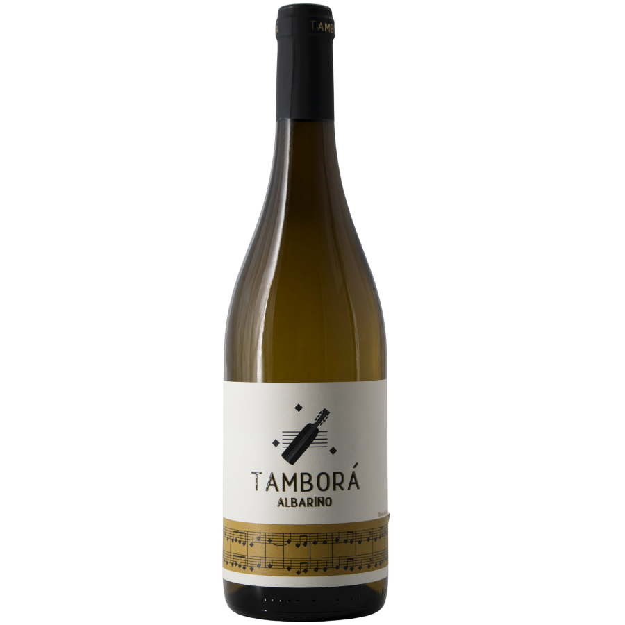 A clear bottle of Tamborá Albariño wine with a white and gold label showcasing musical notes.