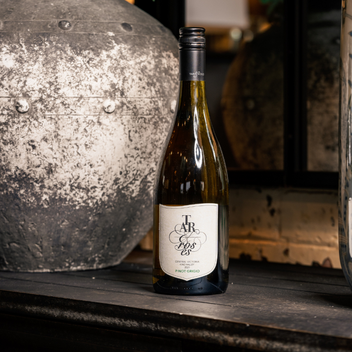 A bottle of Tar and Roses Pinot Grigio placed on a dark tabletop in front of a textured industrial-style vase, showcasing a contemporary and refined wine display.