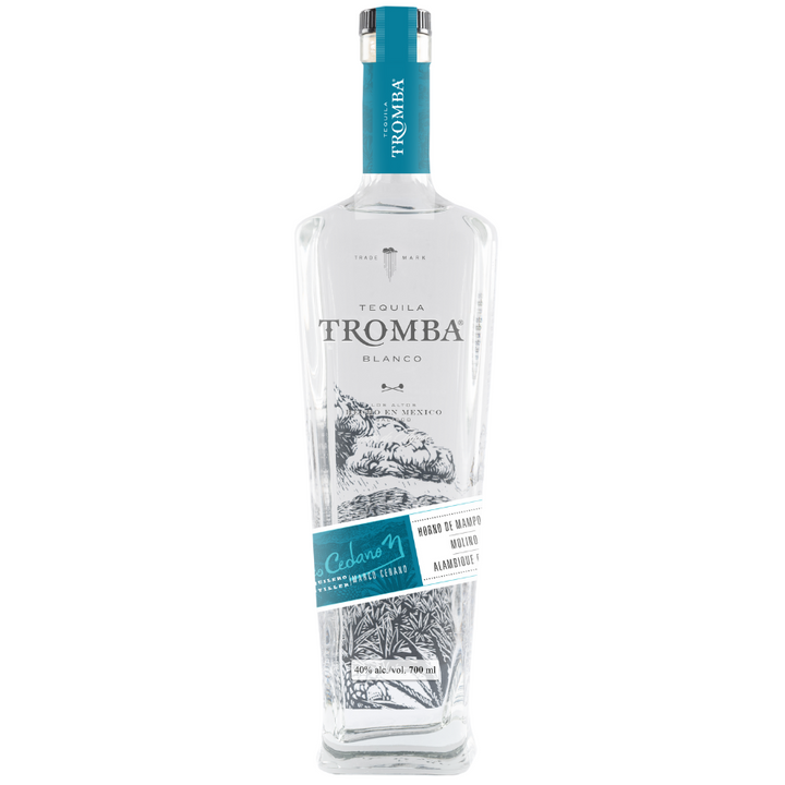 A bottle of Tequila Tromba Blanco featuring its crisp, clear design and Los Altos, Jalisco origin label.