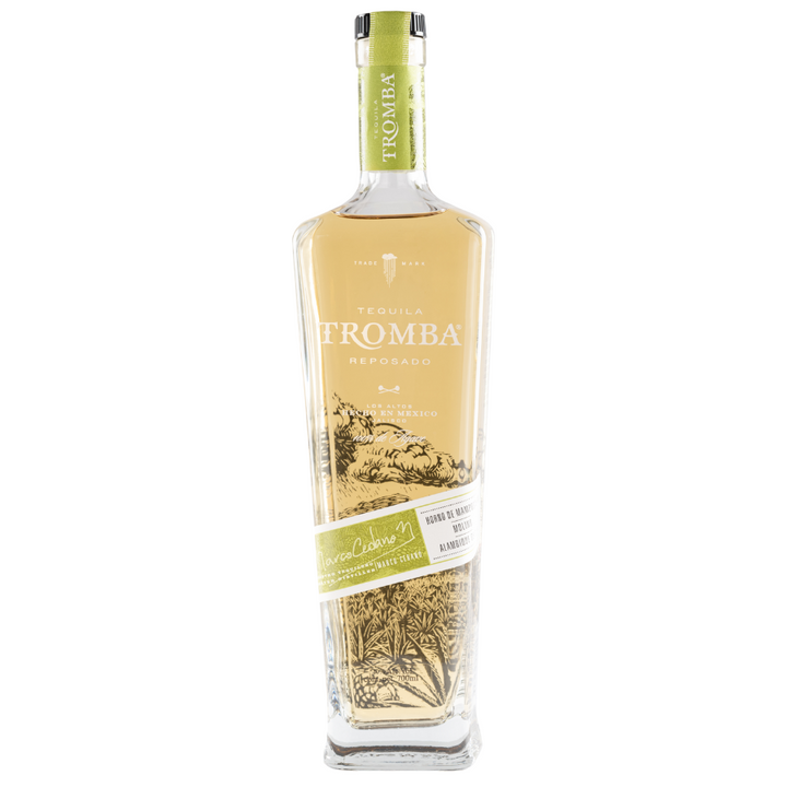 A bottle of Tequila Tromba Reposado featuring a sleek, clear design with golden tequila and a detailed agave illustration on the label.