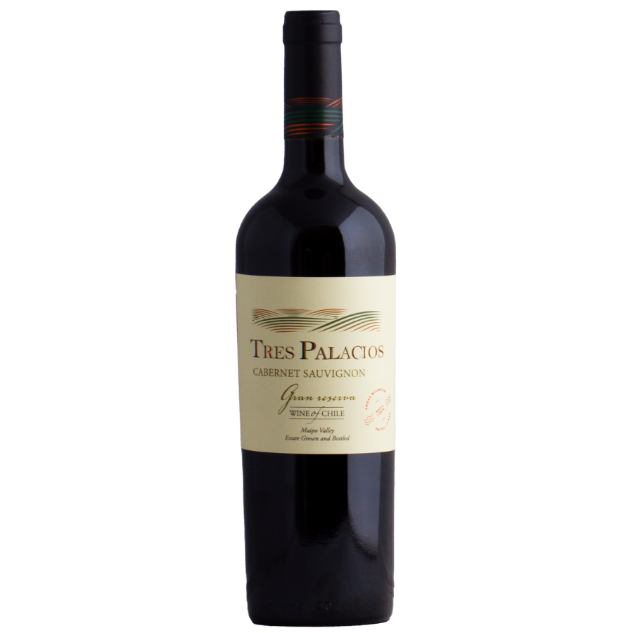 A bottle of Tres Palacios Gran Reserva Cabernet Sauvignon from Maipo Valley, Chile.