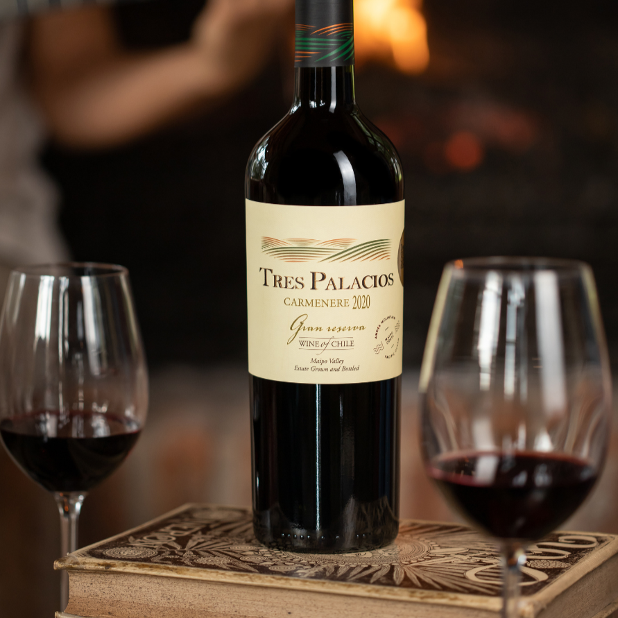 Tres Palacios Carmenere 2020 Gran Reserva bottle displayed on vintage books with red wine glasses and a warm fireplace in the background, creating a cozy ambiance.