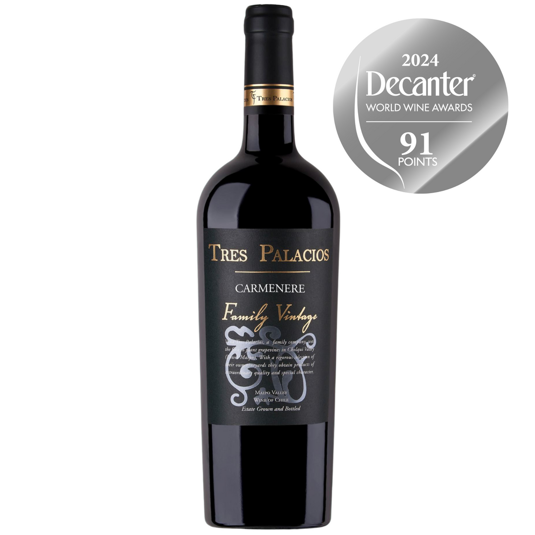 Bottle of Tres Palacios Family Vintage Carmenere wine with Decanter World Wine Awards badge.