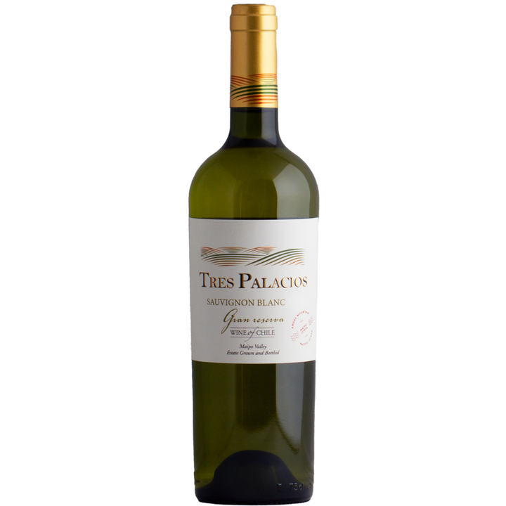 A bottle of Tres Palacios Sauvignon Blanc Gran Reserva from Chile, showcasing its elegant label design and golden accents.