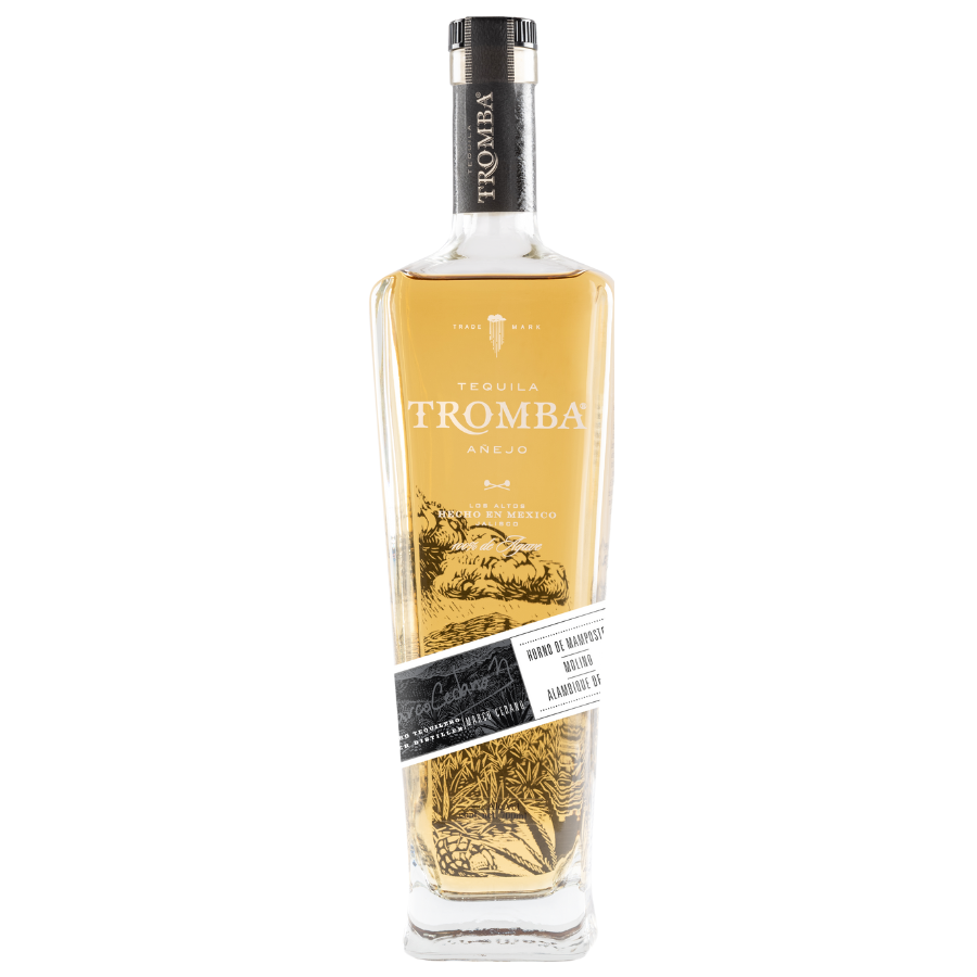 Tromba Añejo Tequila bottle displayed elegantly with a golden hue, highlighting its premium quality.