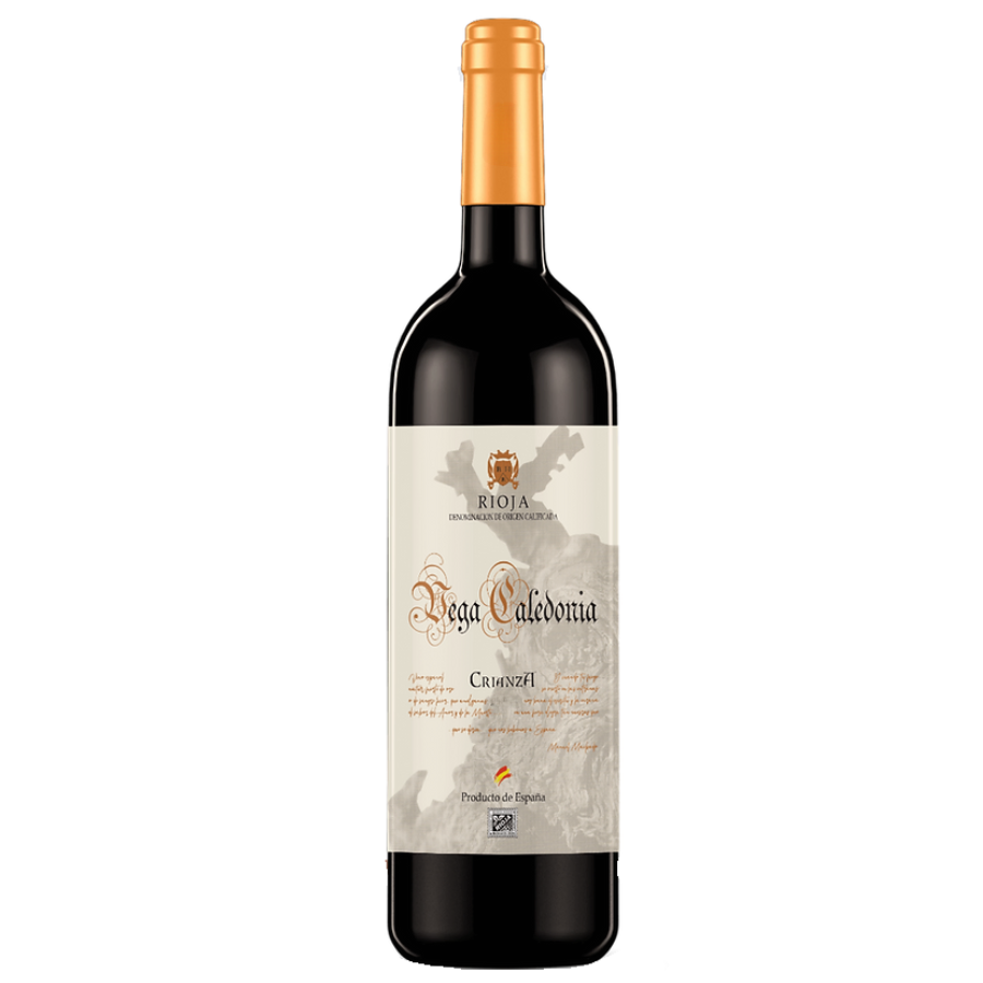 Bottle of Vega Caledonia Rioja Crianza red wine with an elegant label and orange foil cap.