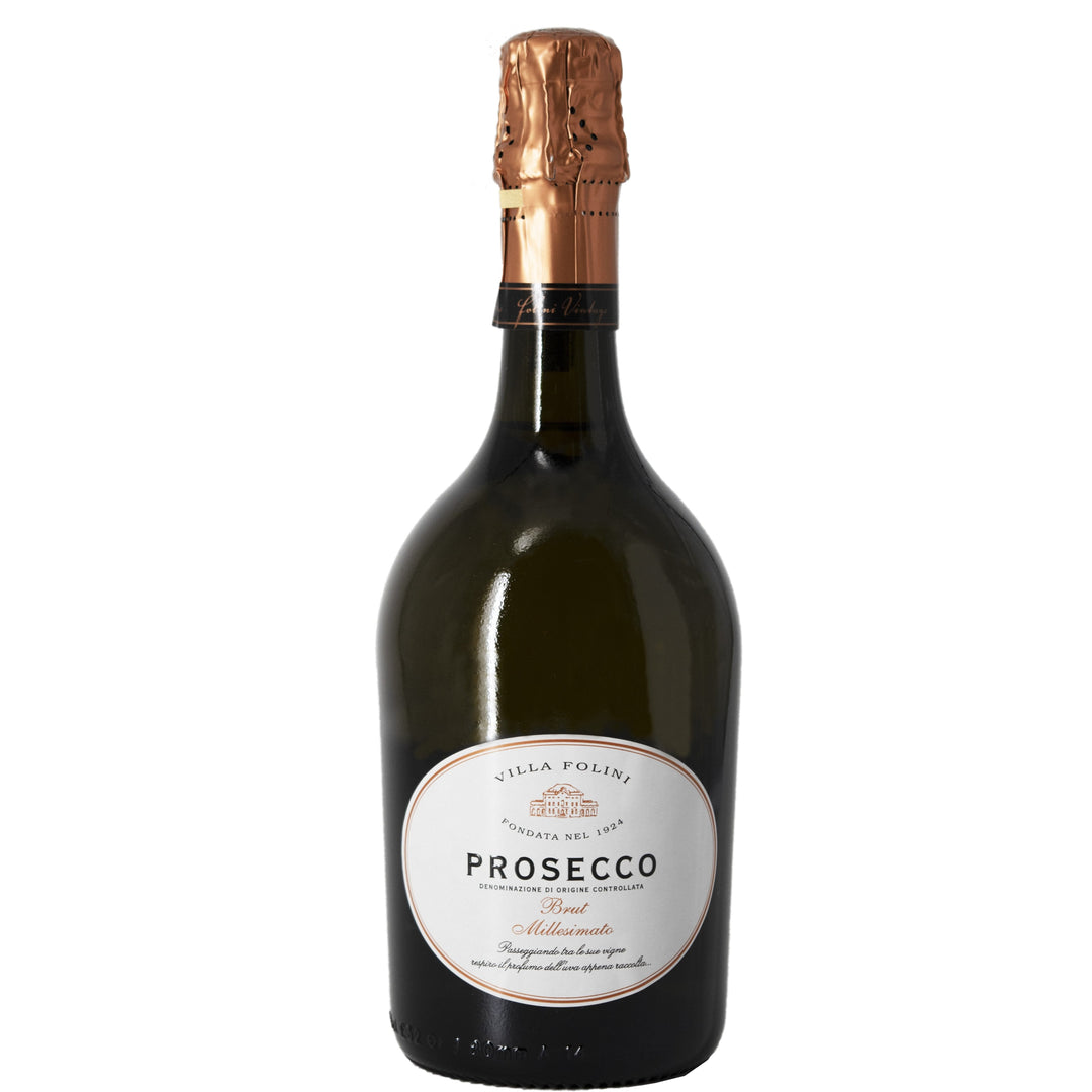 Villa Folini Prosecco Brut bottle with elegant copper foil and classic white label design.