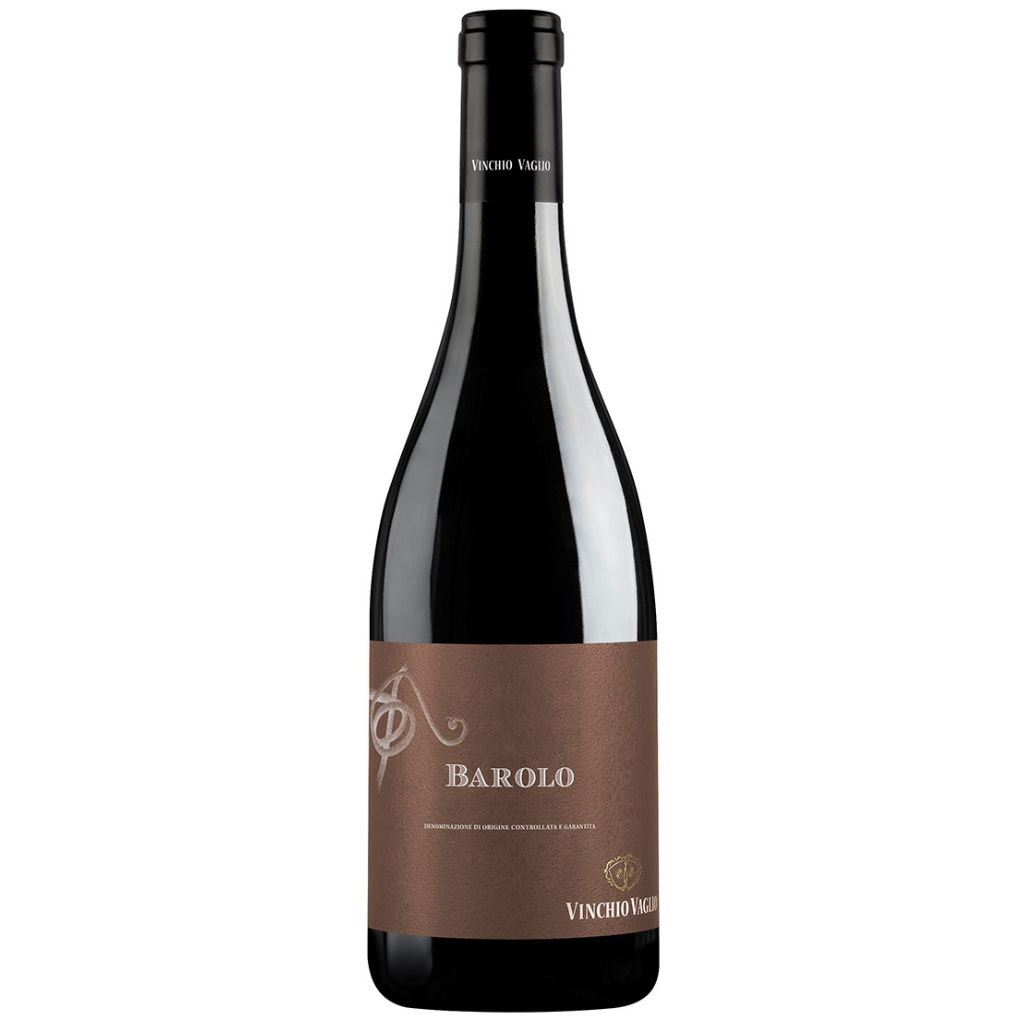 Bottle of Vinchio Vaglio Barolo DOCG red wine with a sleek brown label showcasing premium Italian wine craftsmanship.