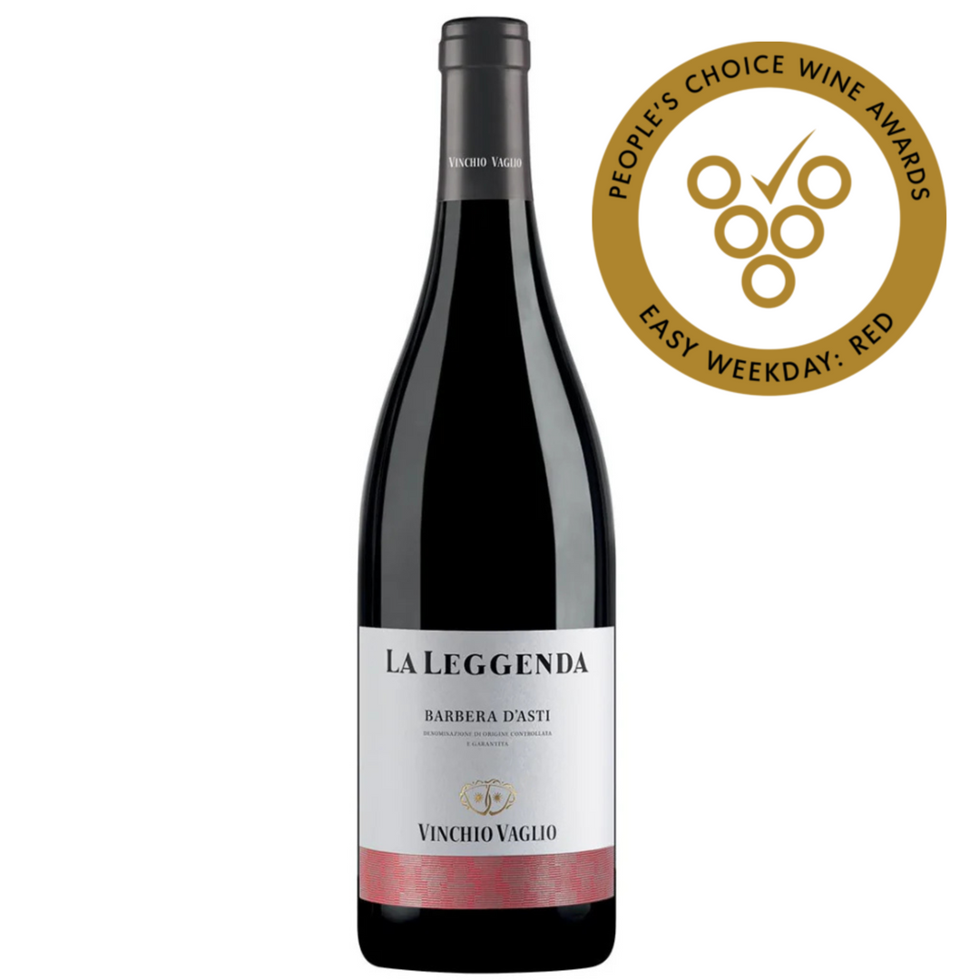 Vinchio Vaglio La Leggenda Barbera d'Asti red wine bottle with People's Choice Wine Awards badge for Easy Weekday: Red.